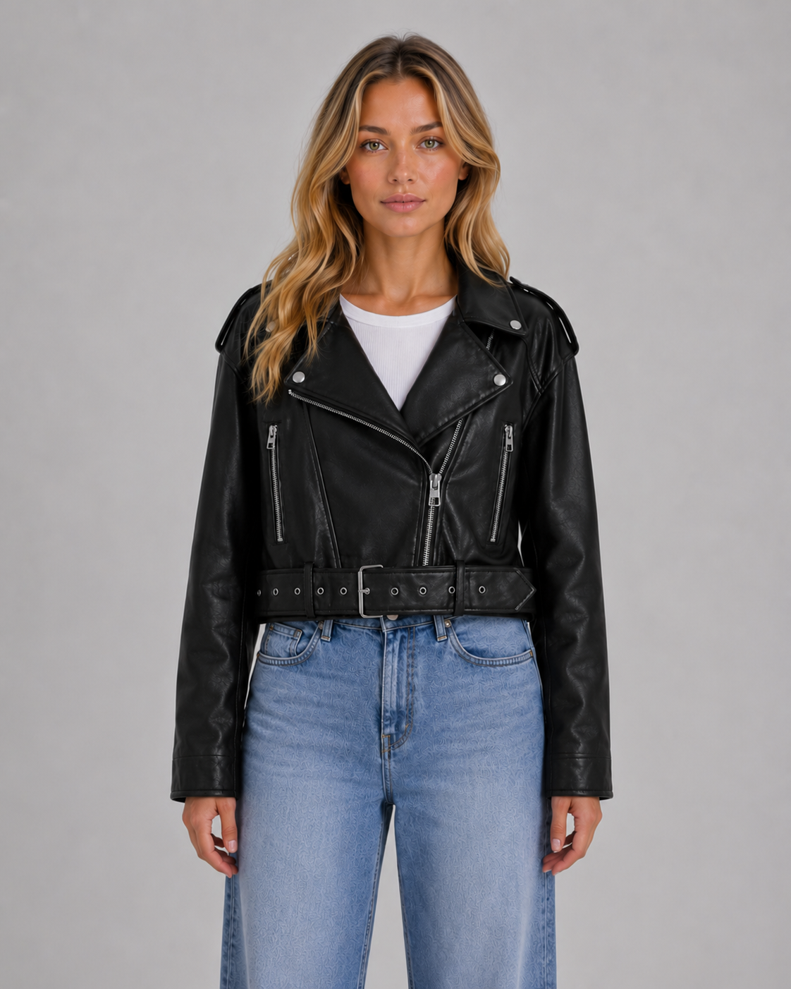 Veste motard femme en simili-cuir à zip asymétrique 2