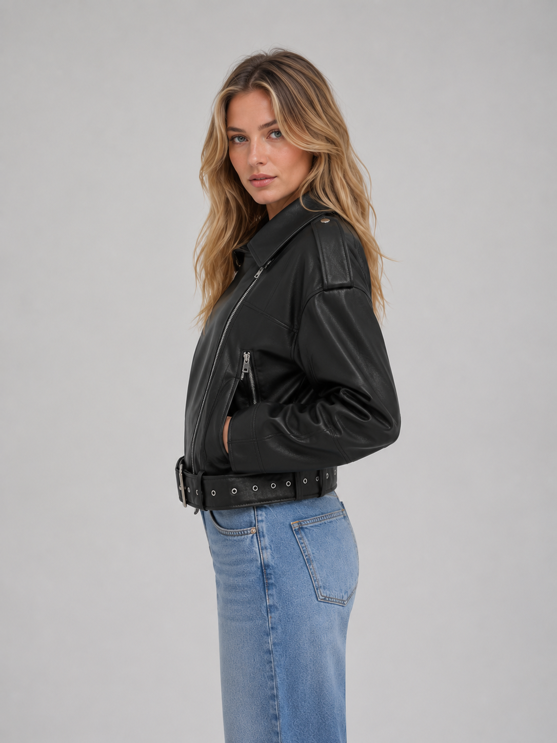 Veste motard femme en simili-cuir à zip asymétrique 5