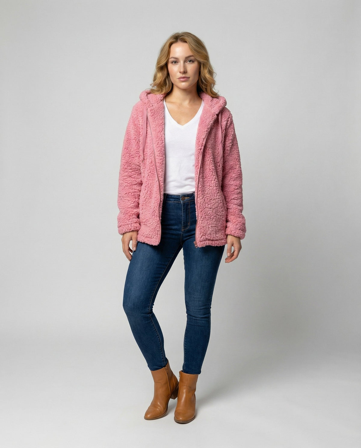Veste polaire femme à capuche en sherpa manches longues coupe ample 2