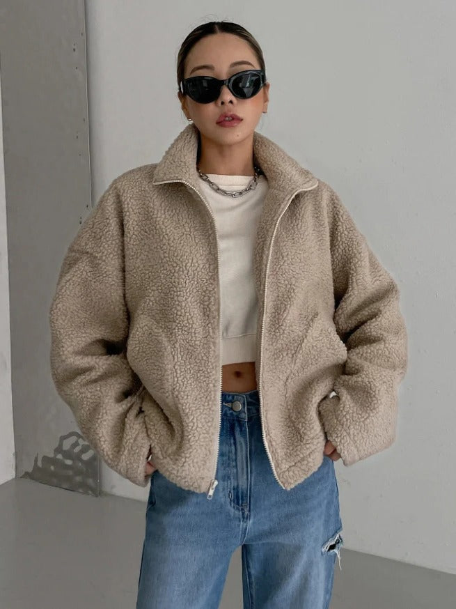 Veste polaire femme en sherpa à col montant coupe droite 7