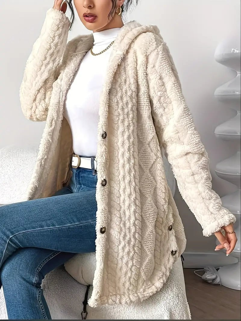 Veste polaire femme longue à capuche en peluche à texture tricotée 12