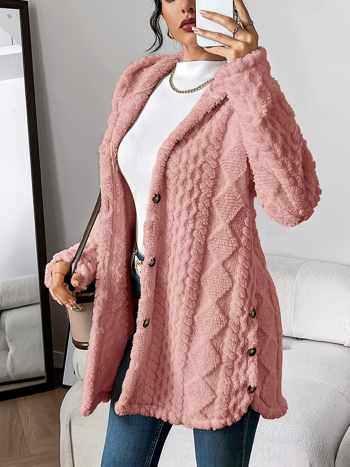 Veste polaire femme longue à capuche en peluche à texture tricotée 8