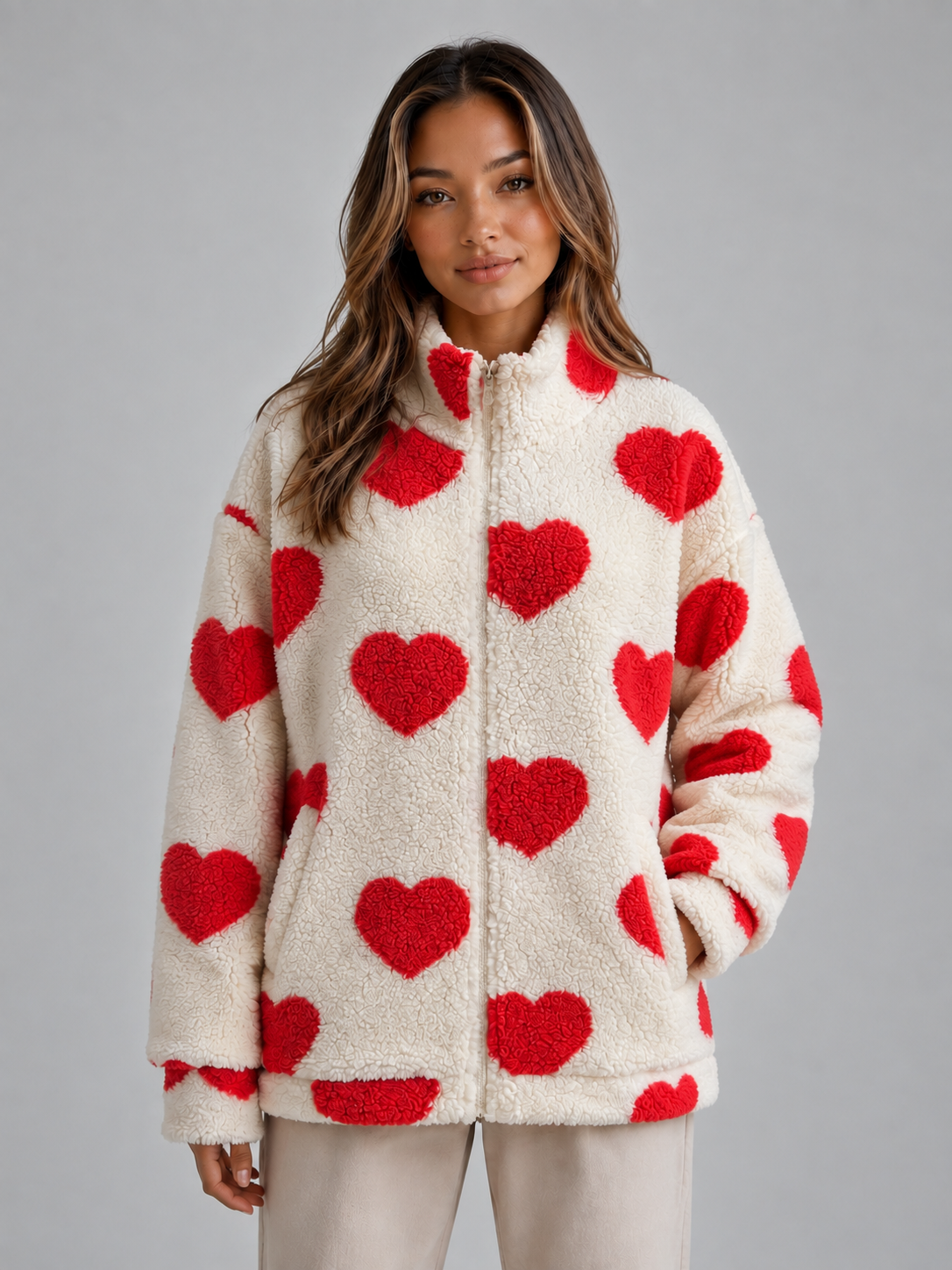 Veste polaire femme zippée à motif cœurs et col montant 1