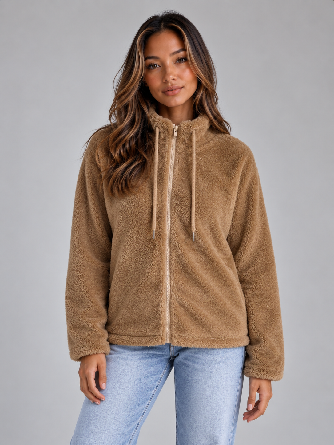 Veste polaire femme zippée effet peluche à col montant 1