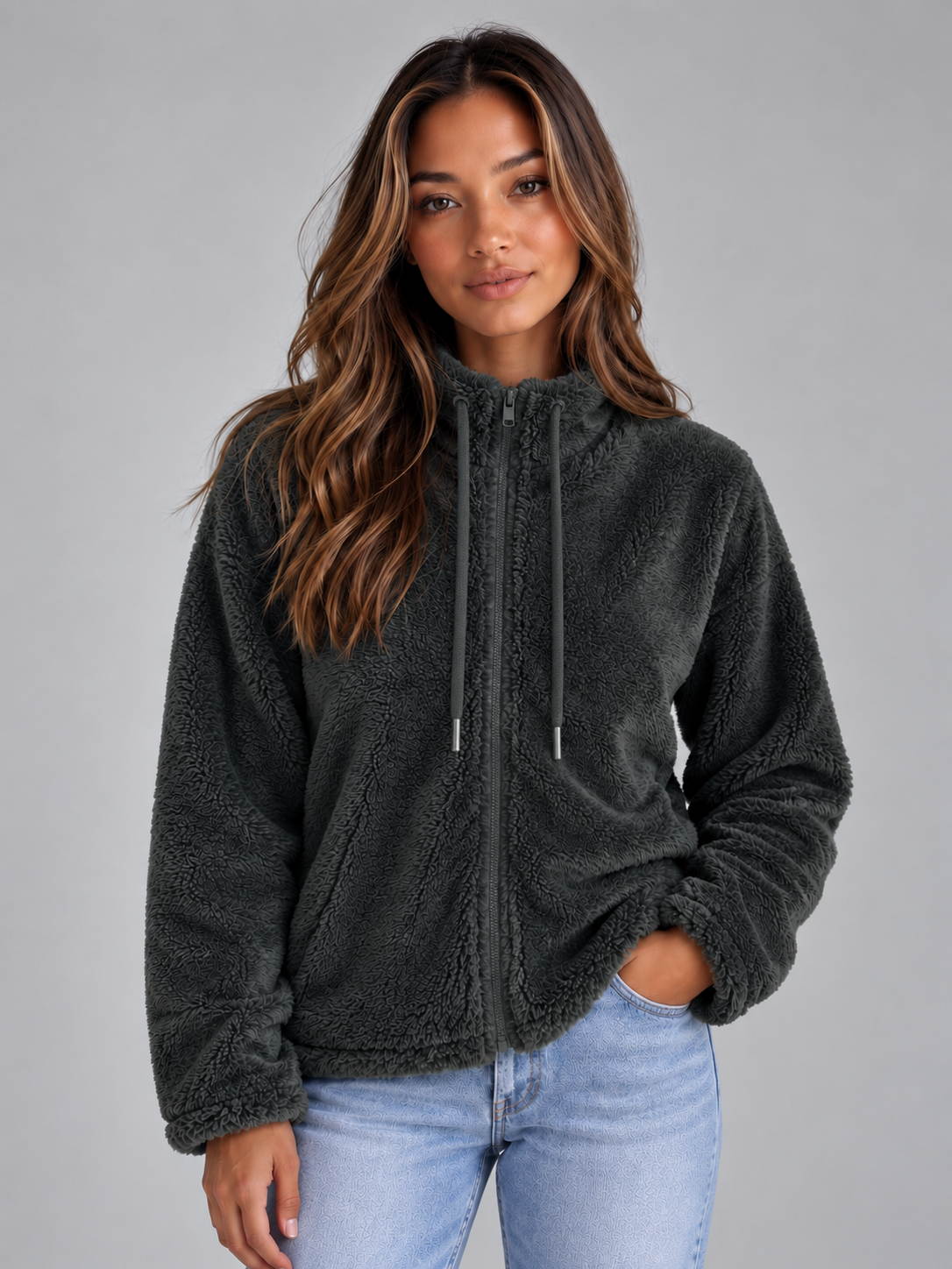 Veste polaire femme zippée effet peluche à col montant 3
