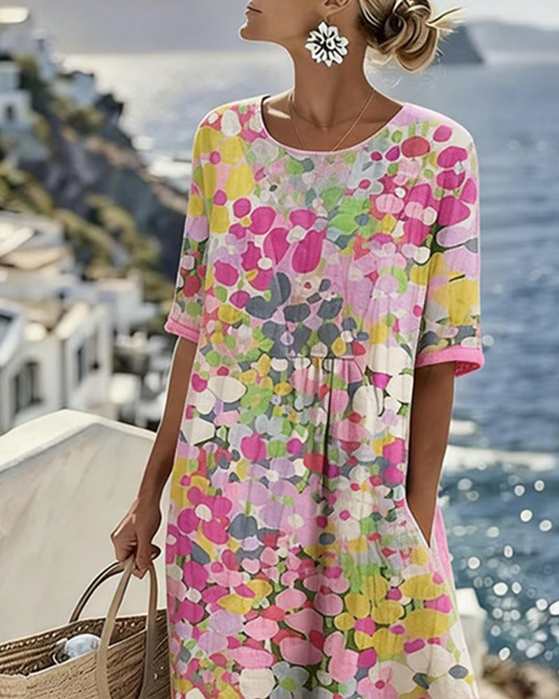 Robe midi femme en coton et lin à imprimé floral, poches et manches courtes