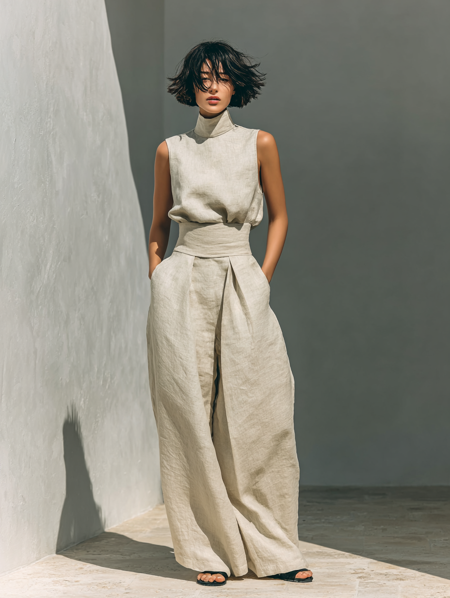 Ensemble femme pantalon large et débardeur en coton et lin