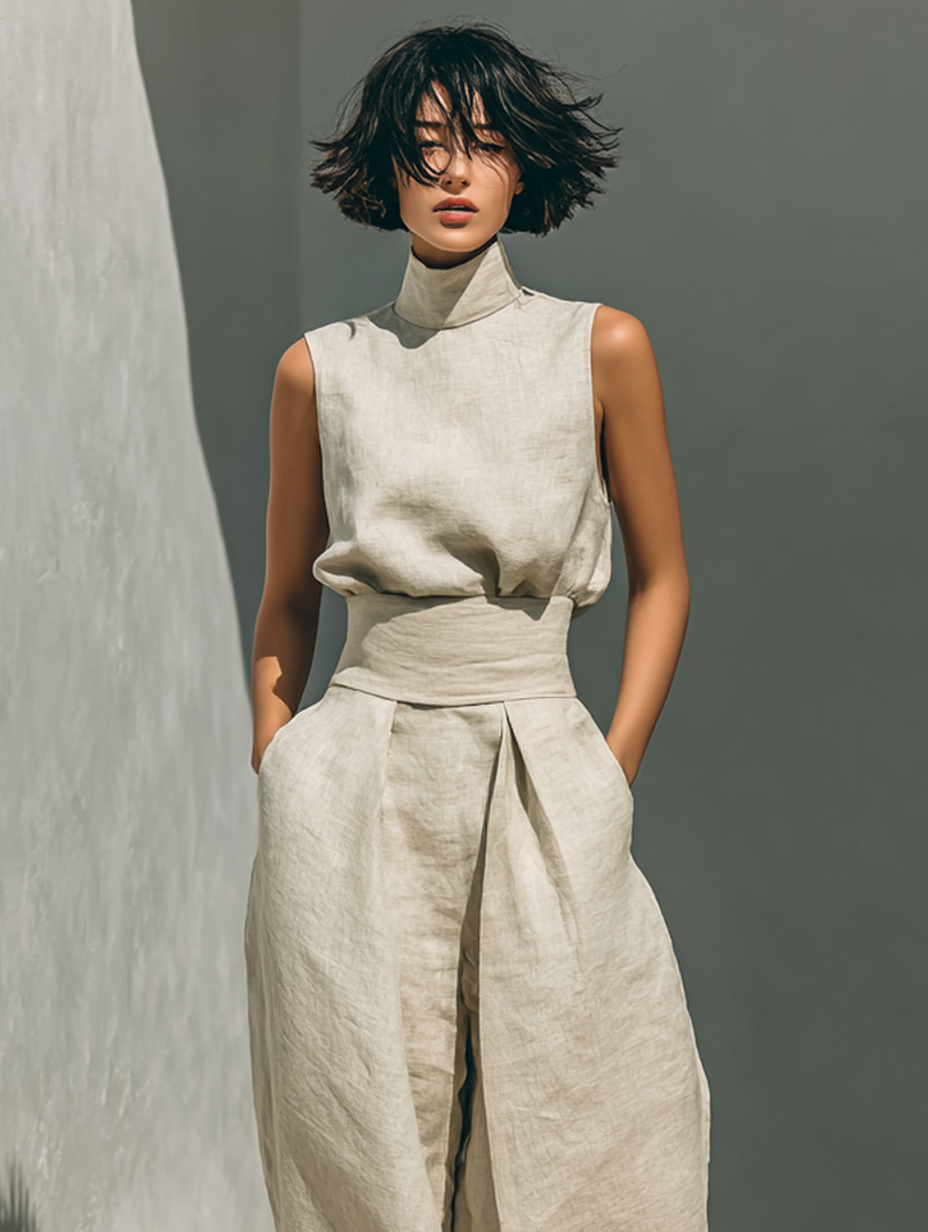 Ensemble femme pantalon large et débardeur en coton et lin