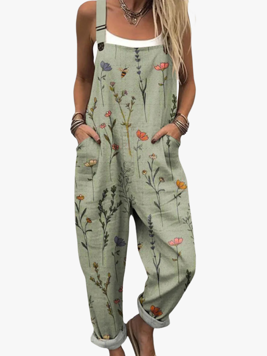 Salopette femme fleurie à jambes larges et bretelles réglables