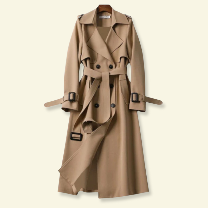 Trench mi-long femme à double boutonnage avec ceinture, large col à revers et coupe ample pour l'automne 1