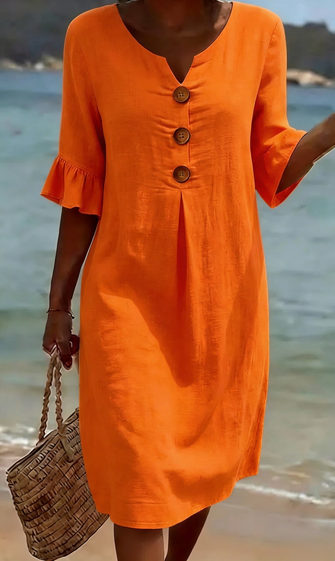 Robe courte femme en coton et lin, boutonnée à manches volantées
