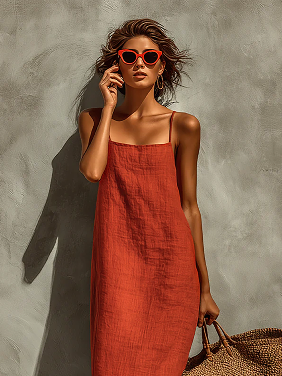 Robe maxi en coton style bohème à fines bretelles et col carré femme