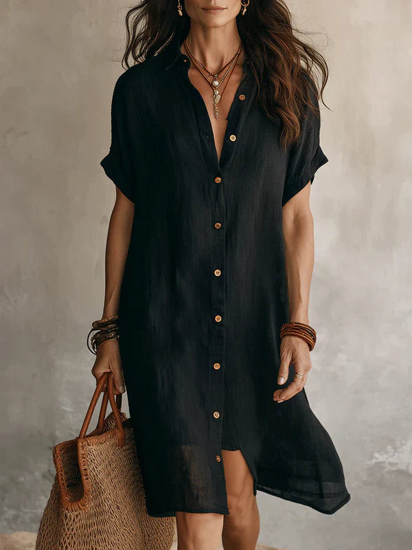 Robe chemise midi femme en lin et coton, boutonnée à manches courtes