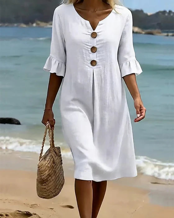 Robe courte femme en coton et lin, boutonnée à manches volantées