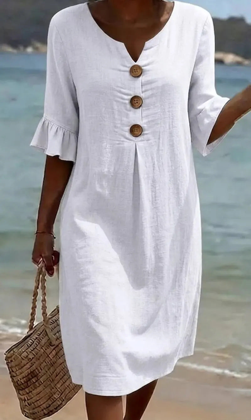Robe courte femme en coton et lin, boutonnée à manches volantées