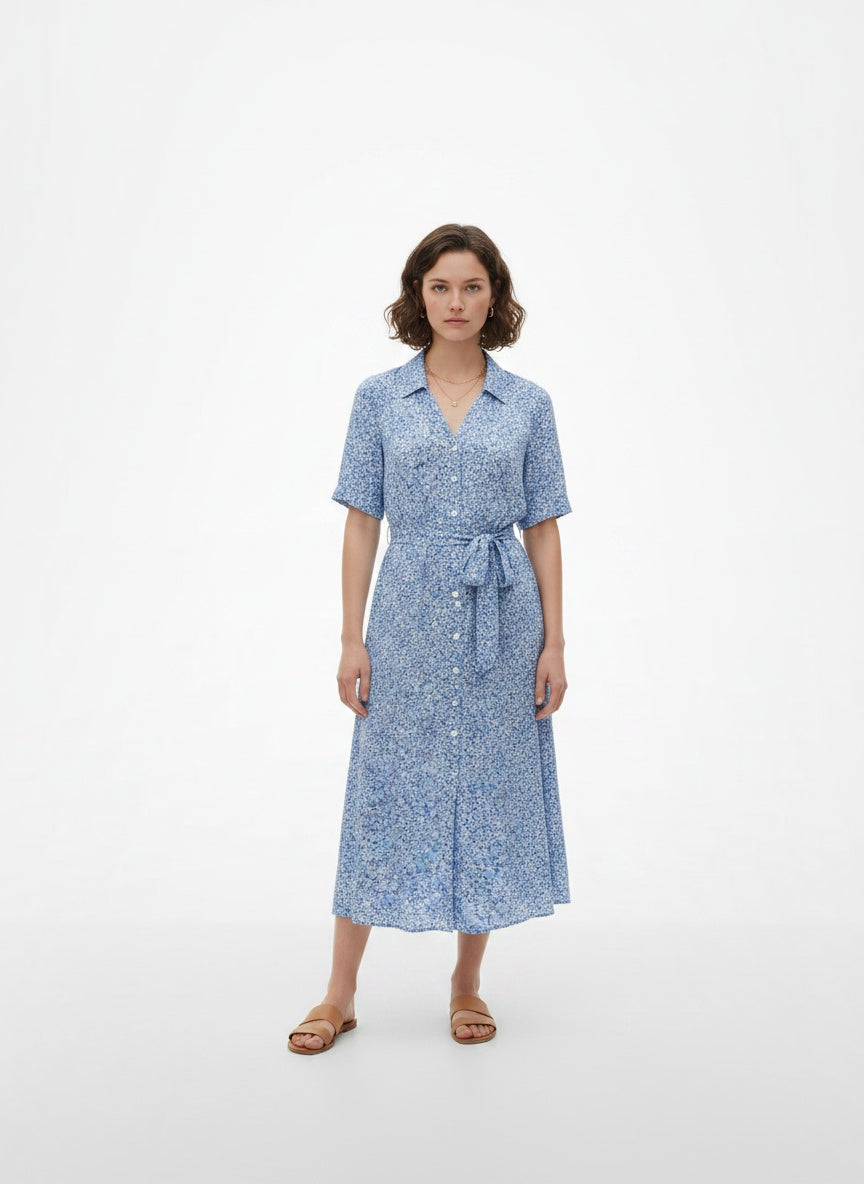 Full body view of the model wearing Robe midi avec ceinture et imprimé floral femme