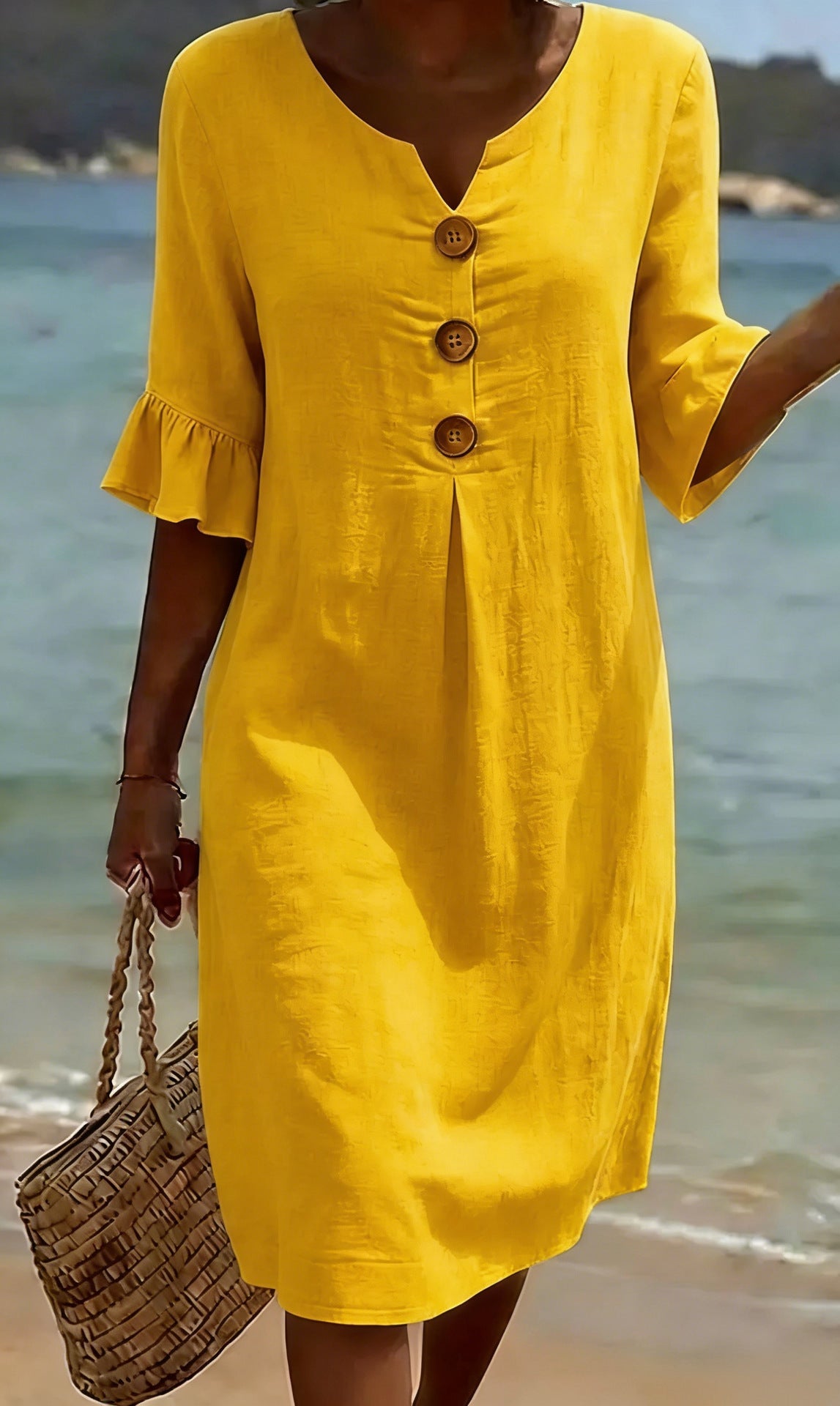 Robe courte femme en coton et lin, boutonnée à manches volantées