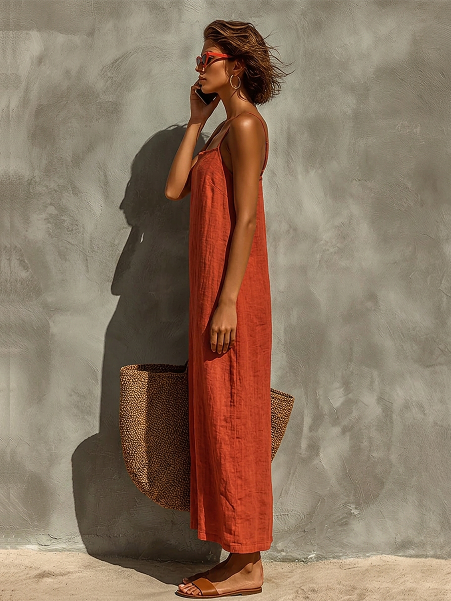 Robe maxi en coton style bohème à fines bretelles et col carré femme