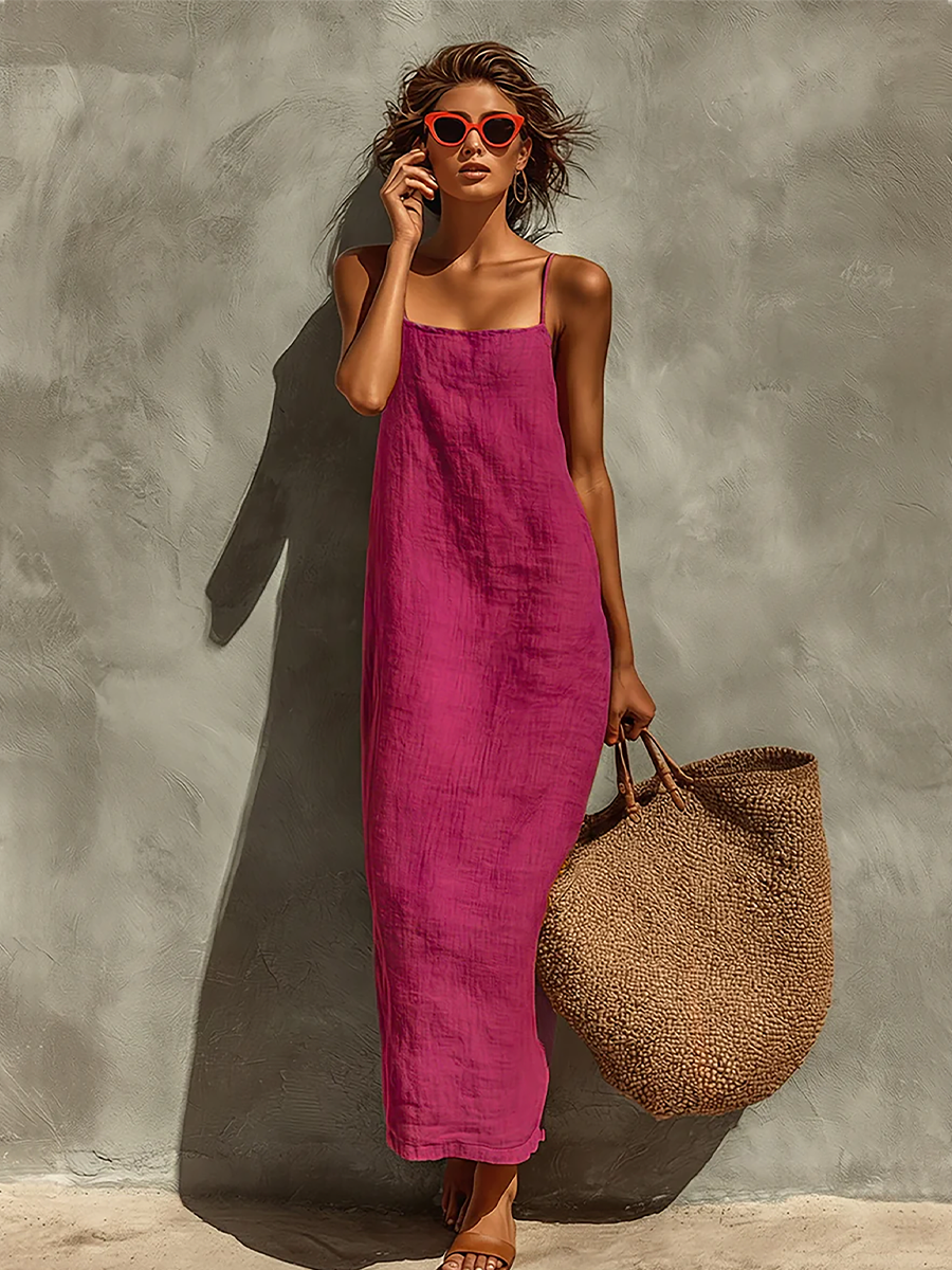 Robe maxi en coton style bohème à fines bretelles et col carré femme