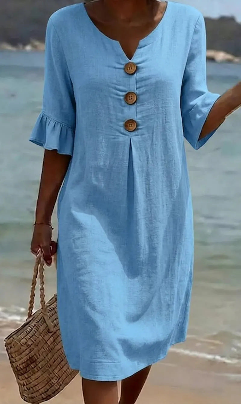 Robe courte femme en coton et lin, boutonnée à manches volantées
