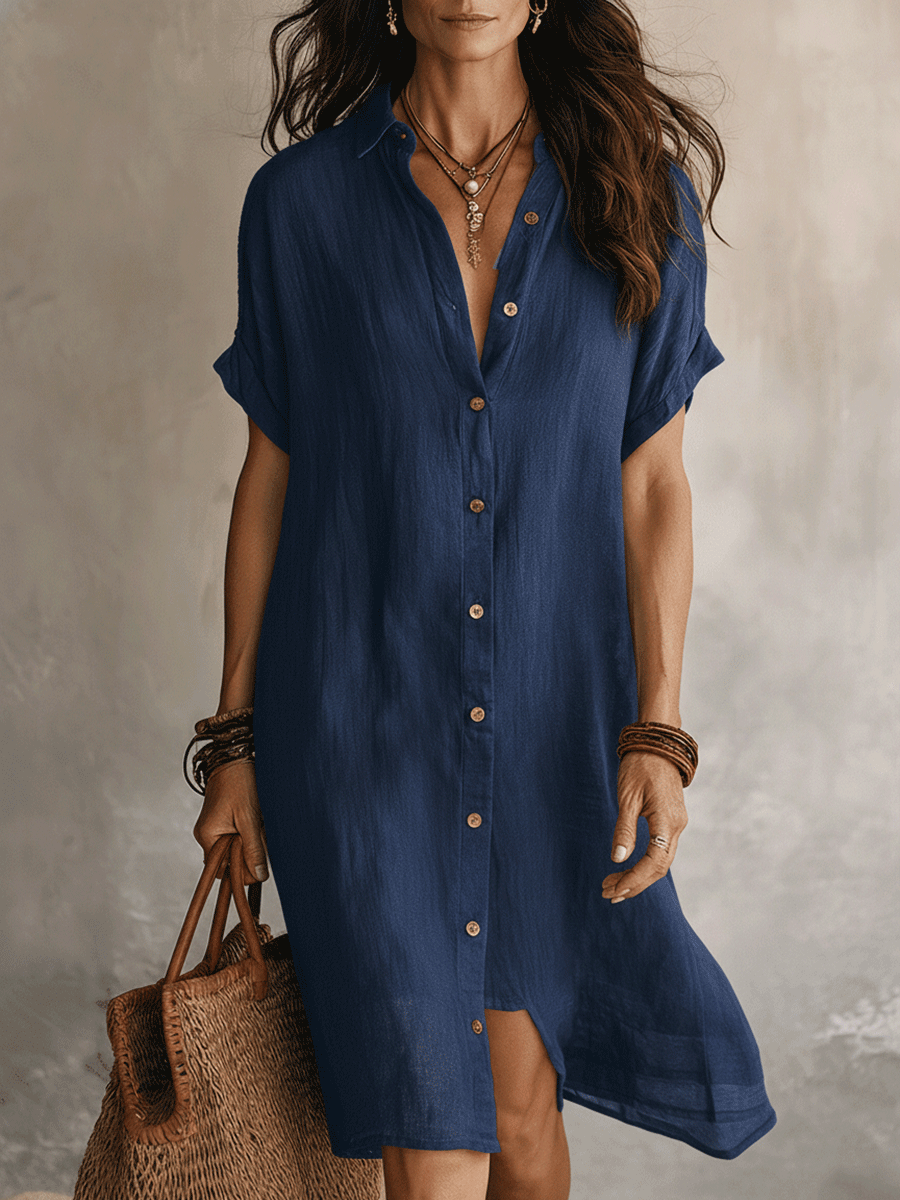 Robe chemise midi femme en lin et coton, boutonnée à manches courtes