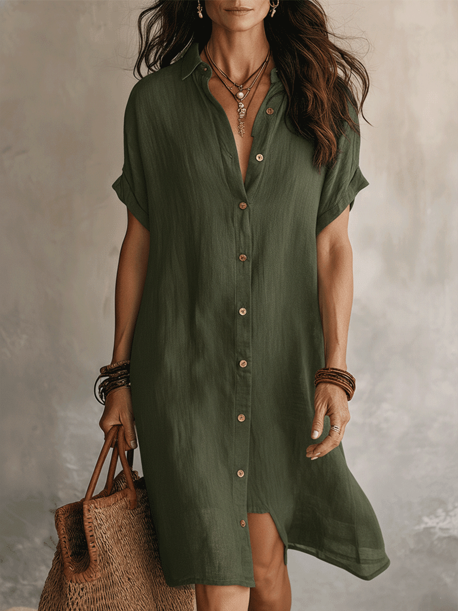 Robe chemise midi femme en lin et coton, boutonnée à manches courtes