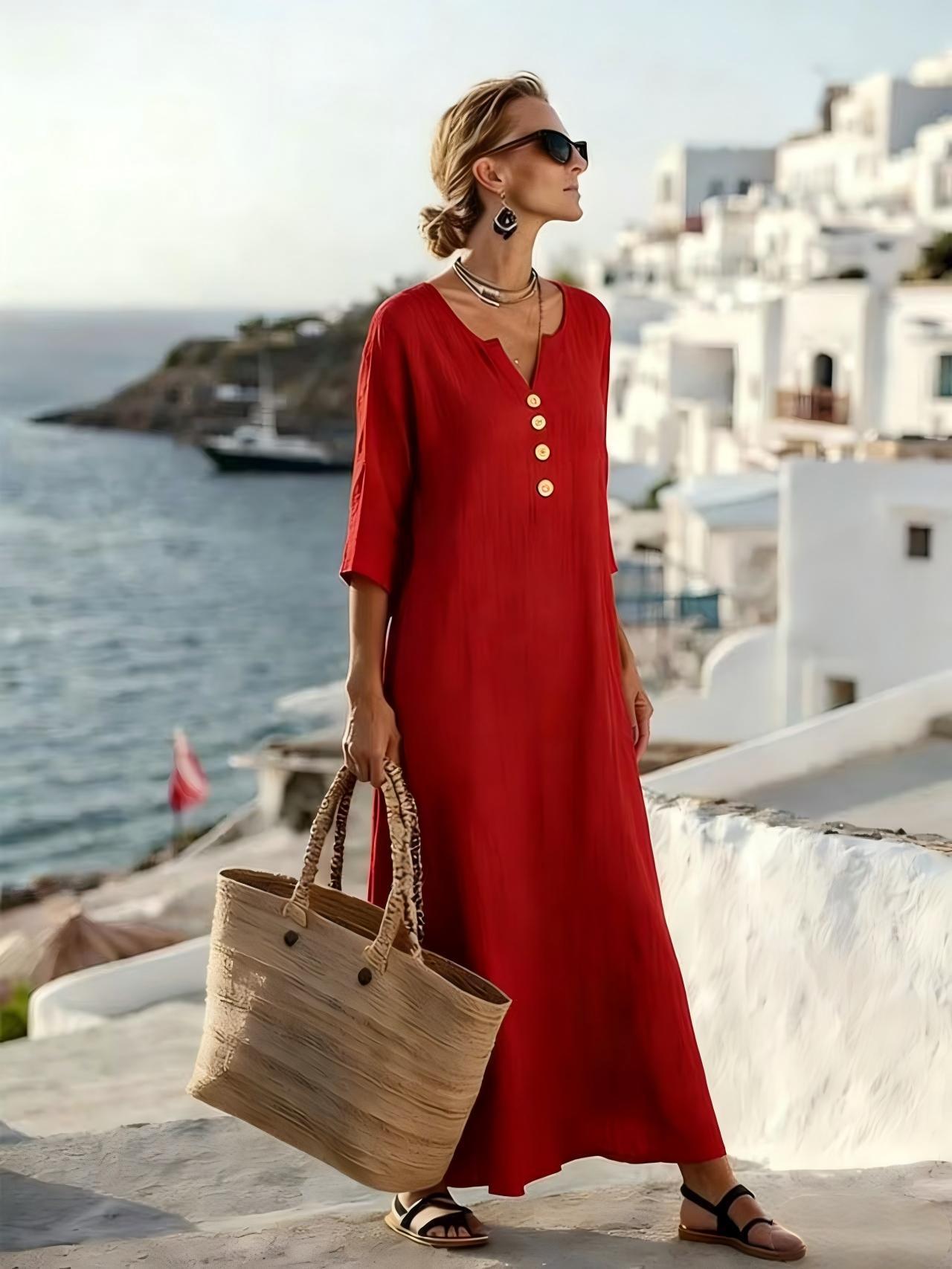 Robe longue femme en coton et lin, boutonnée à manches 3/4