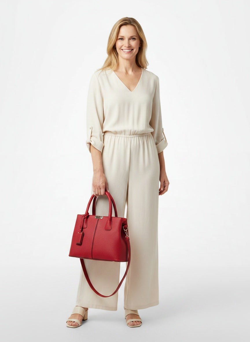 Full body view of the model wearing Sac à main structuré en cuir avec bandoulière femme