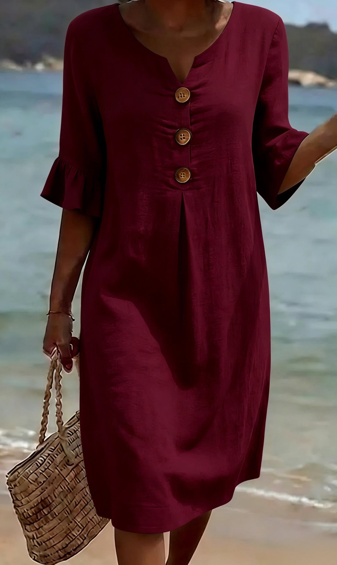 Robe courte femme en coton et lin, boutonnée à manches volantées