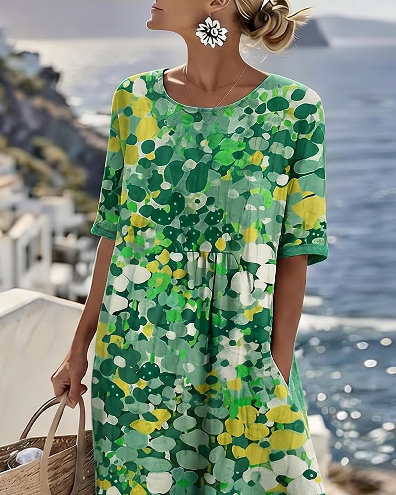 Robe midi femme en coton et lin à imprimé floral, poches et manches courtes