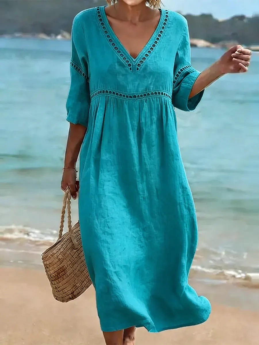 Robe midi femme en coton à col en V, coupe fluide et manches courtes