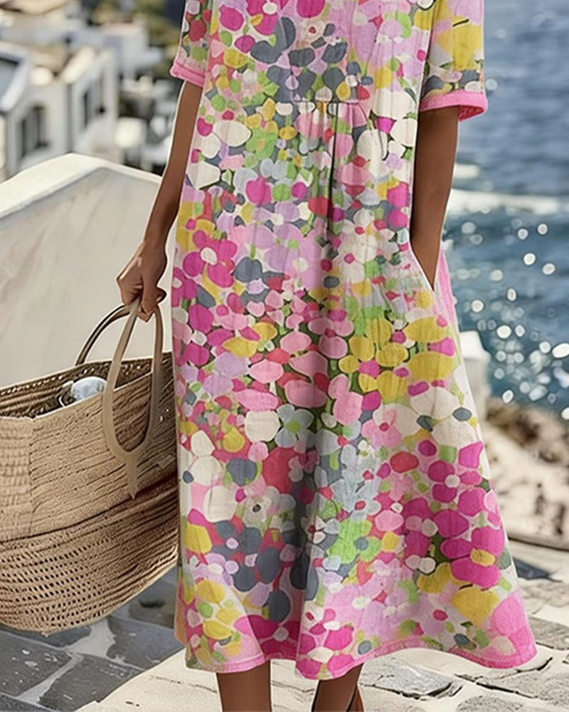 Robe midi femme en coton et lin à imprimé floral, poches et manches courtes