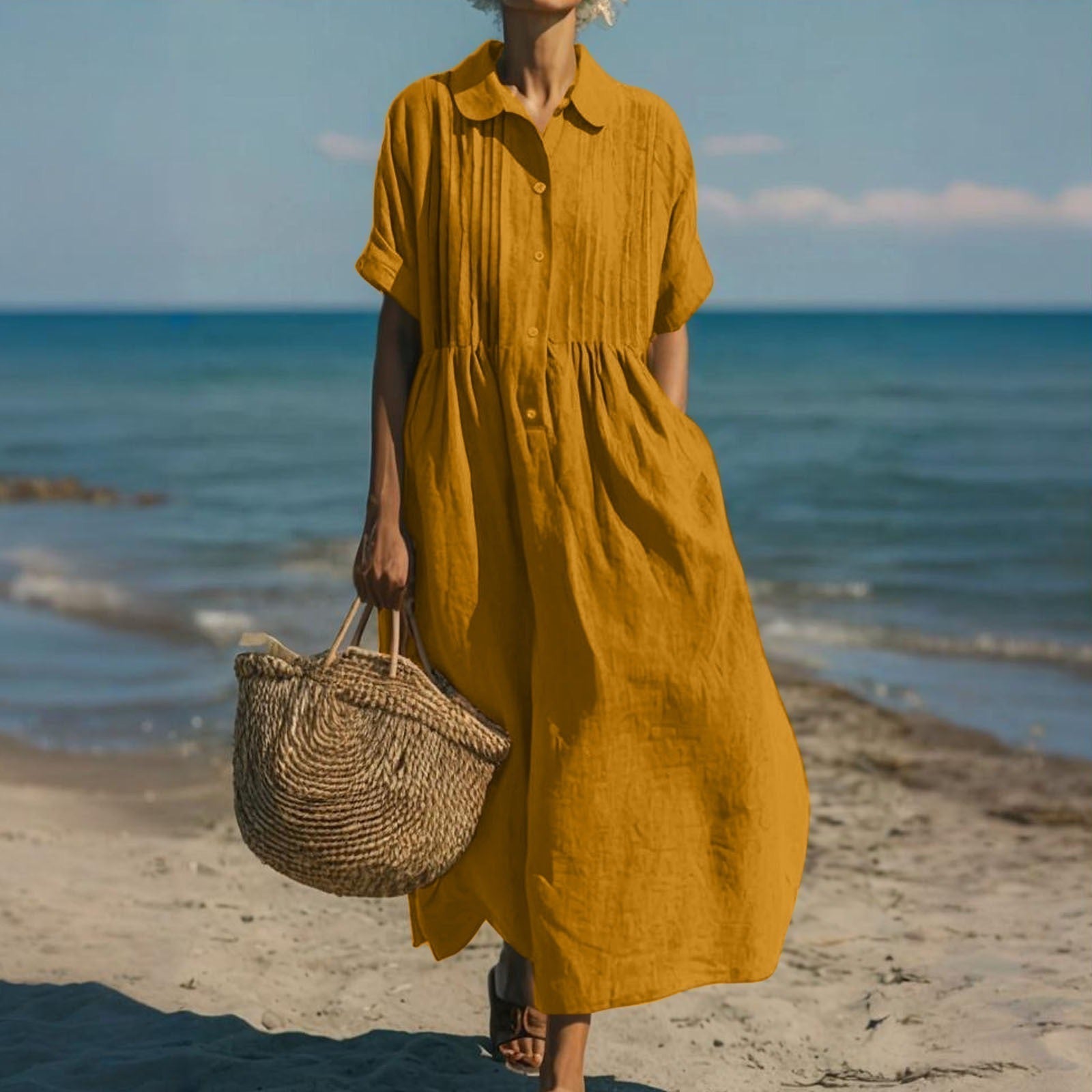 Robe en lin fluide à boutons sur le devant