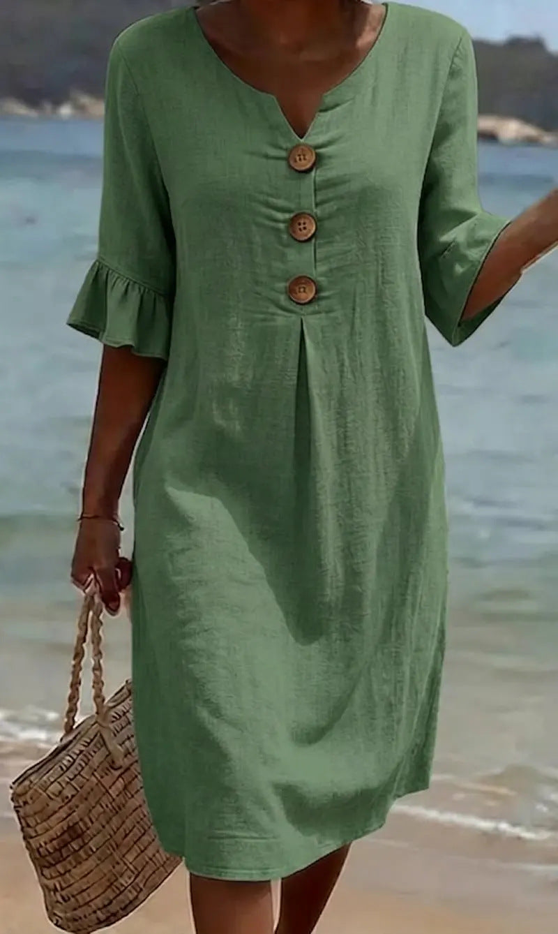 Robe courte femme en coton et lin, boutonnée à manches volantées