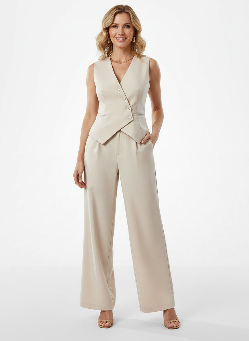 Full body view of the model wearing Ensemble deux pièces avec gilet et pantalon large femme