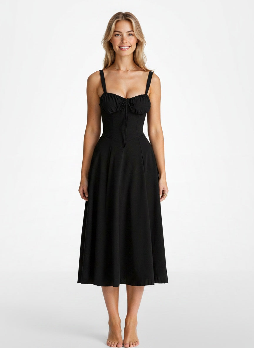 Full body view of the model wearing Robe midi avec corset femme