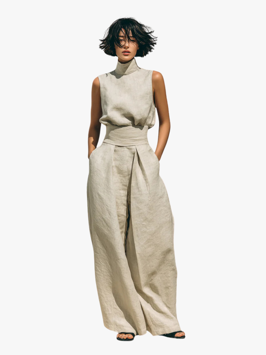Ensemble femme pantalon large et débardeur en coton et lin