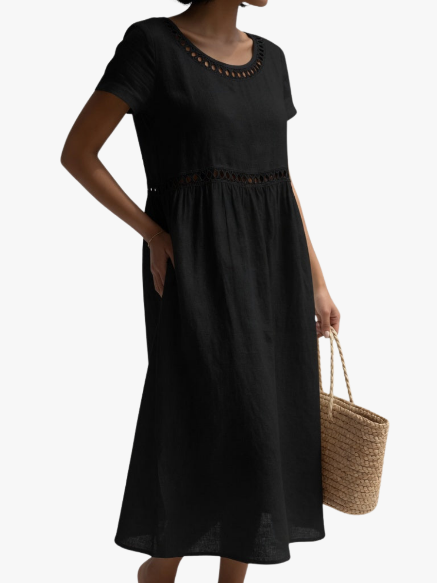 Robe brodée midi en coton à manches courtes et taille empire