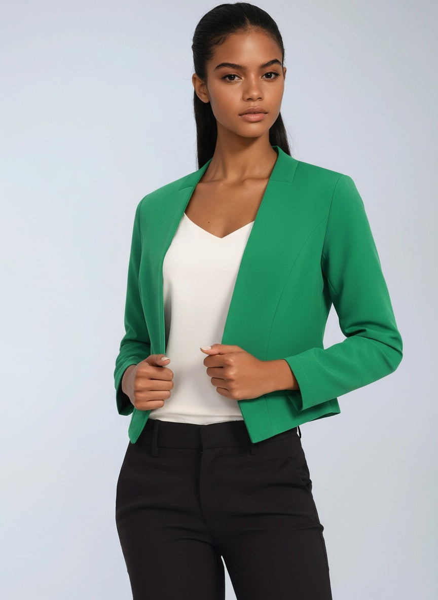 Blazer femme court à devant ouvert, ourlet asymétrique, doublure intégrale et manches longues 2