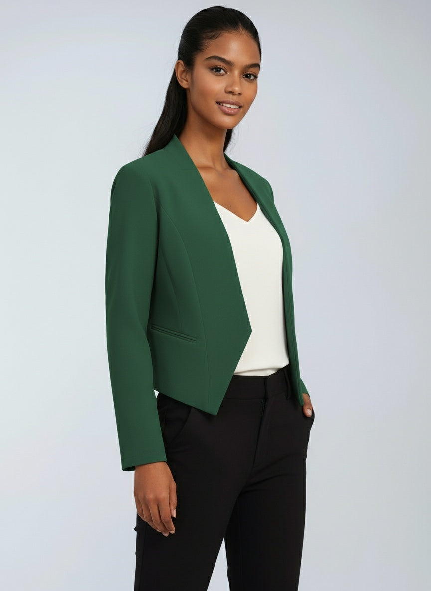 Blazer femme court à devant ouvert, ourlet asymétrique, doublure intégrale et manches longues 15