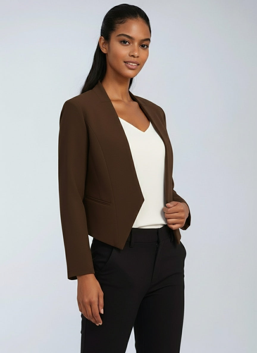 Blazer femme court à devant ouvert, ourlet asymétrique, doublure intégrale et manches longues 11