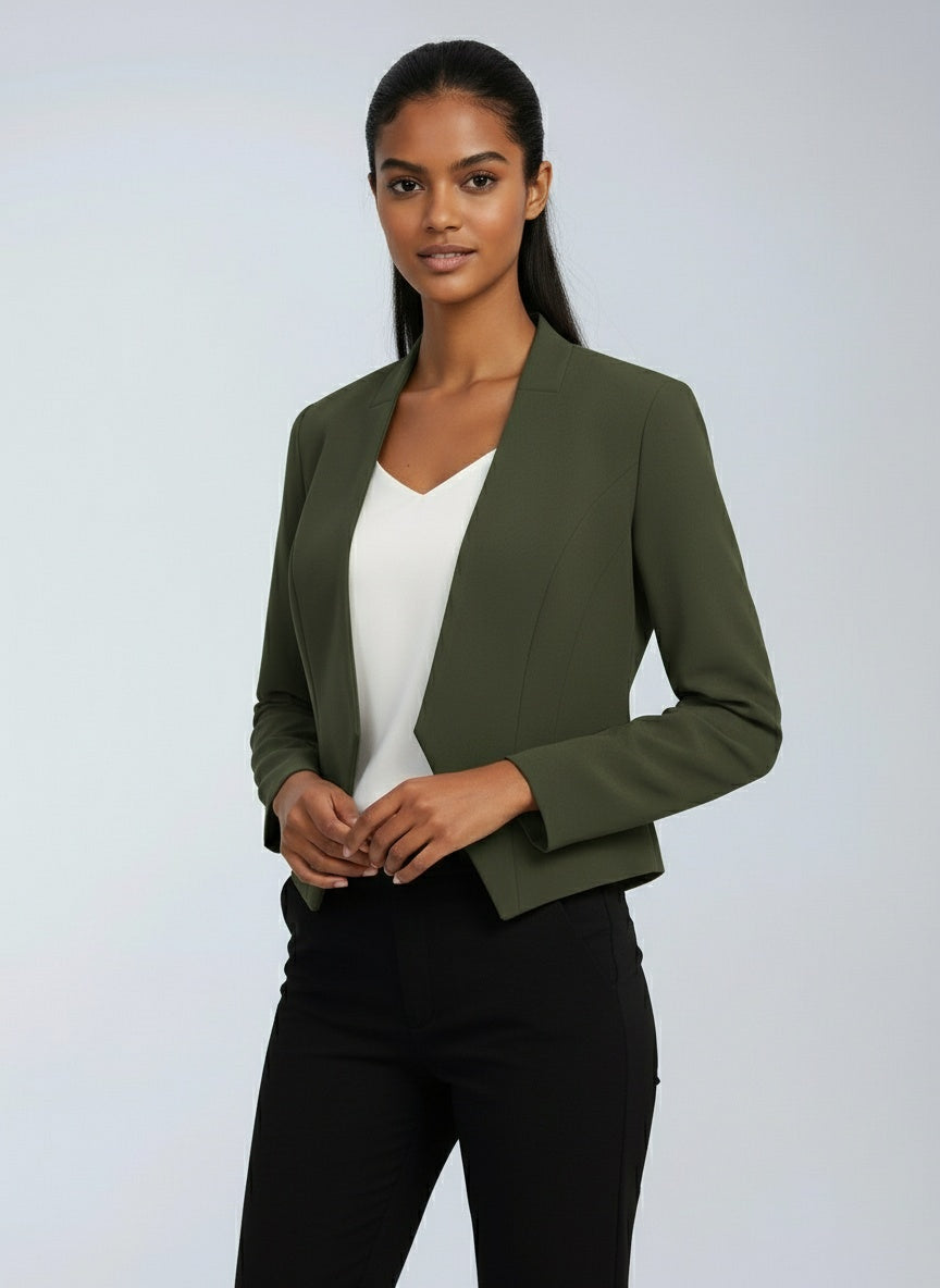 Blazer femme court à devant ouvert, ourlet asymétrique, doublure intégrale et manches longues 12
