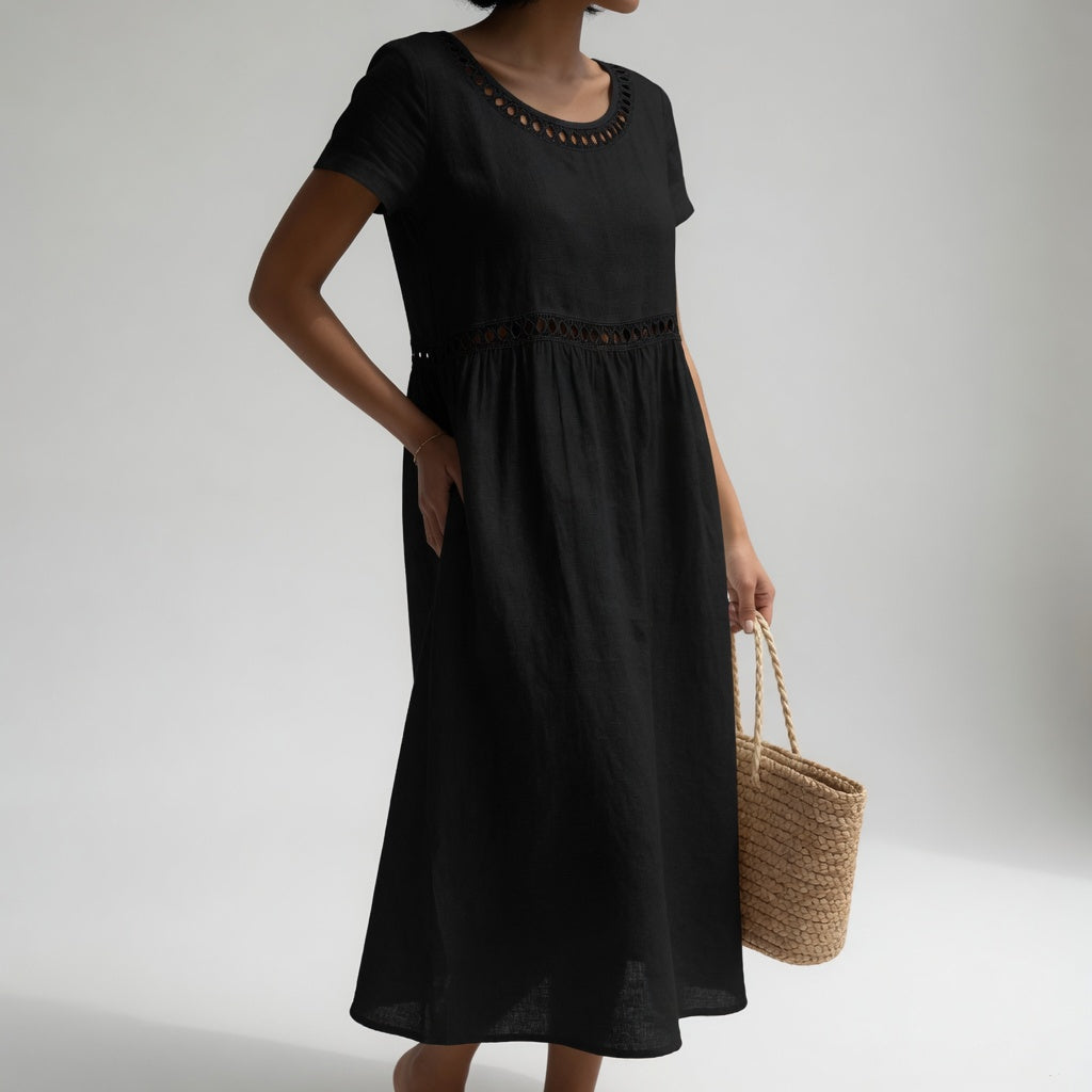 Robe brodée midi en coton à manches courtes et taille empire