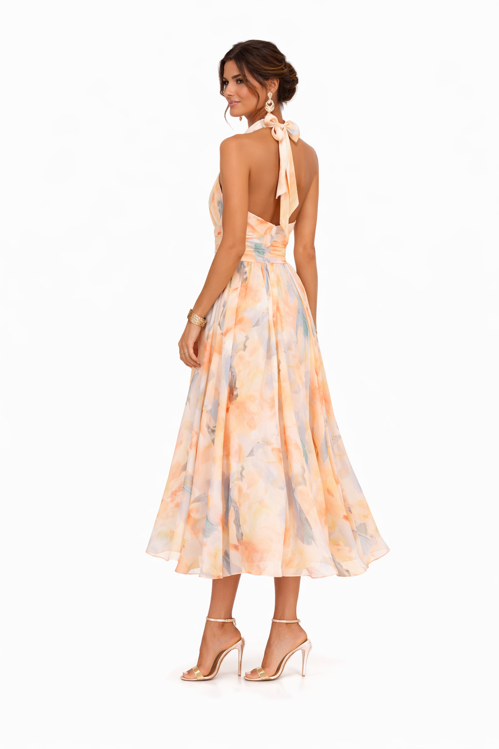Robe maxi fleurie pêche fluide dos-nu invitée de mariage femme