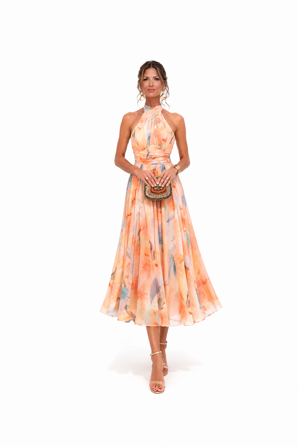 Robe maxi fleurie pêche fluide dos-nu invitée de mariage femme