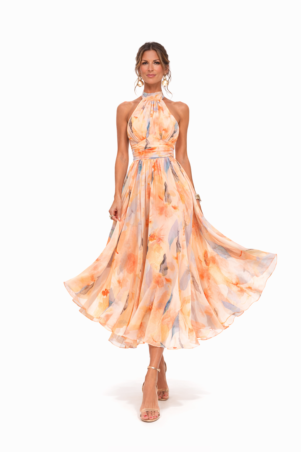Robe maxi fleurie pêche fluide dos-nu invitée de mariage femme
