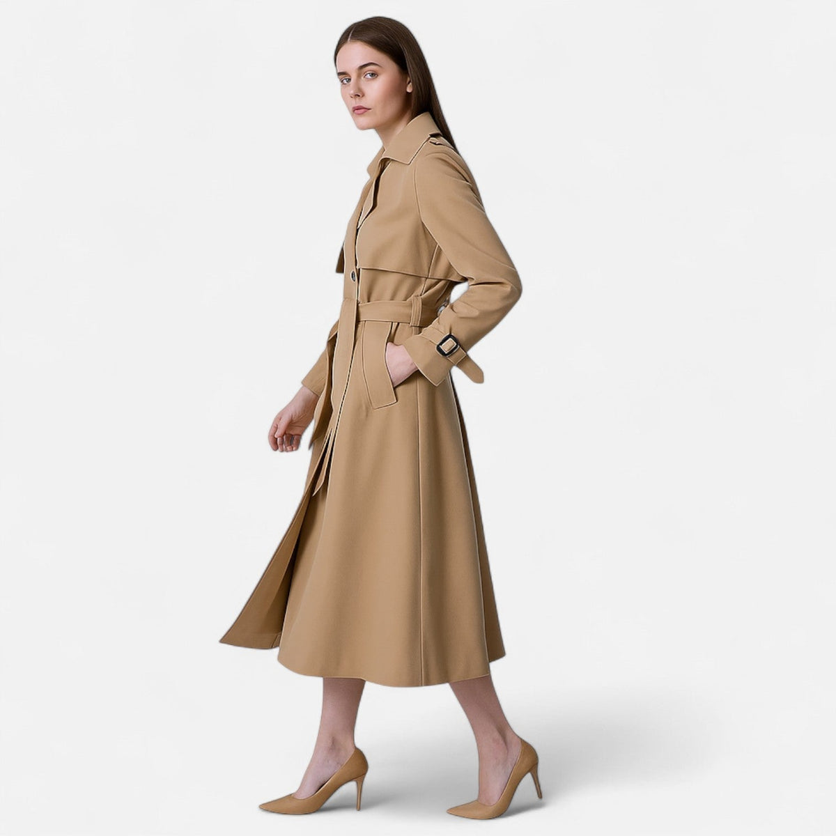 Trench mi-long femme à double boutonnage avec ceinture, large col à revers et coupe ample pour l'automne 3