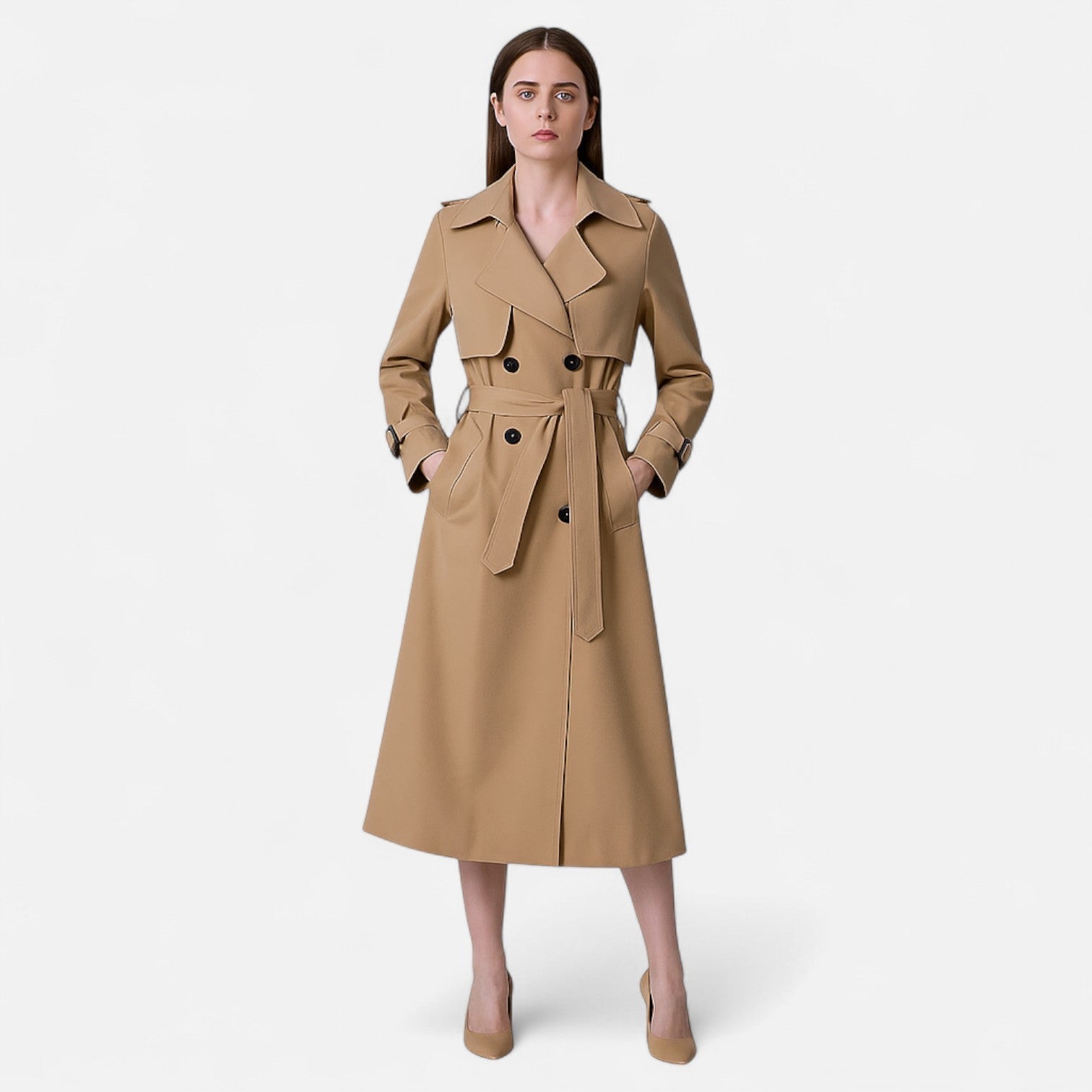 Trench mi-long femme à double boutonnage avec ceinture, large col à revers et coupe ample pour l'automne 2