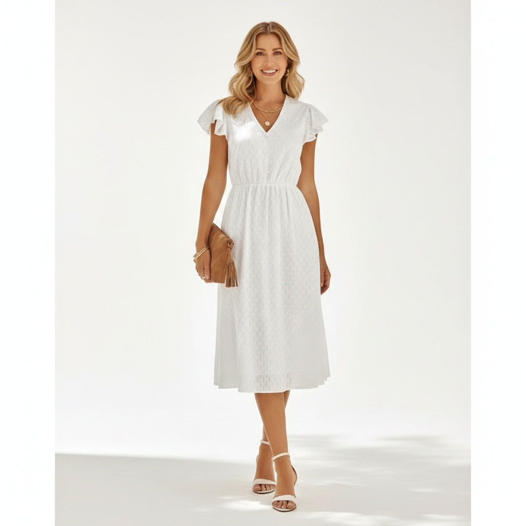 Full body view of the model wearing Robe d'été midi à manches courtes et volants femme