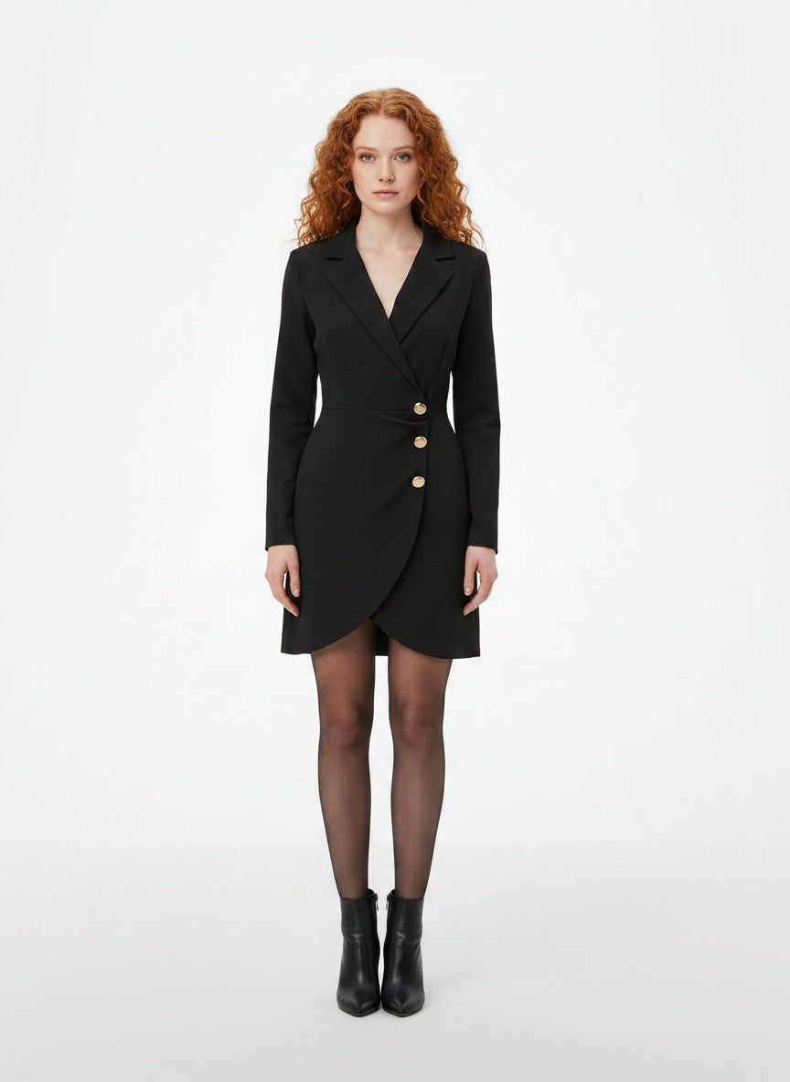 Full body view of the model wearing Robe longueur genou à manches longues et coupe ajustée femme